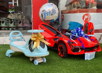 Toyin Abraham buys son a customized lambo and swing car to mark first birthday (photos)